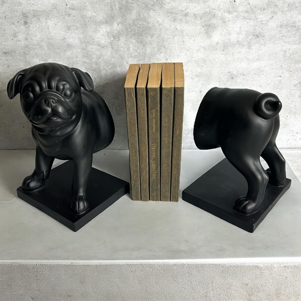 Bookends Pug Dog Resin Book End Book Stopper Black  Bookshelf Heavy 8” Black - Picture 2 of 5